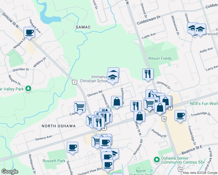 map of restaurants, bars, coffee shops, grocery stores, and more near 1638 Norwill Crescent in Oshawa