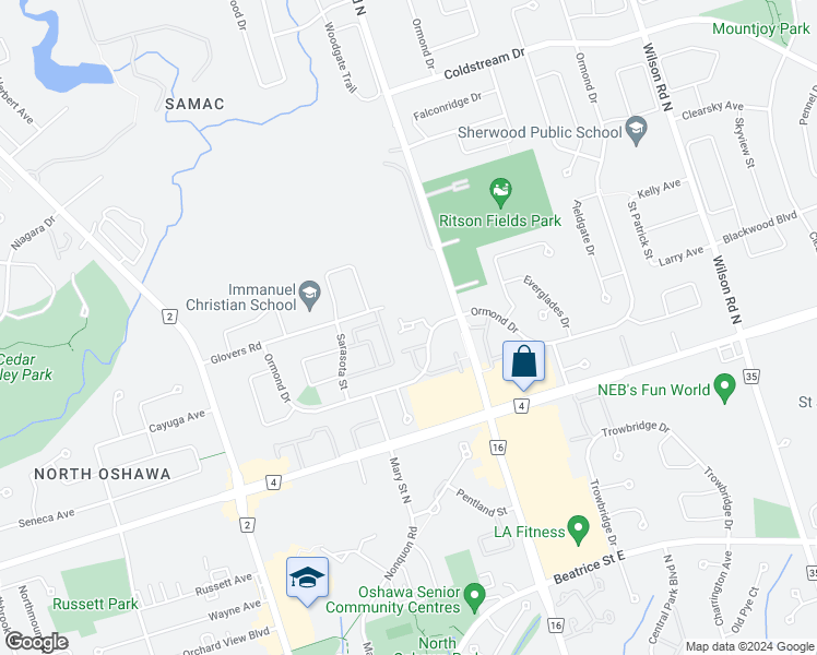 map of restaurants, bars, coffee shops, grocery stores, and more near 20 155 Glovers Road in Oshawa