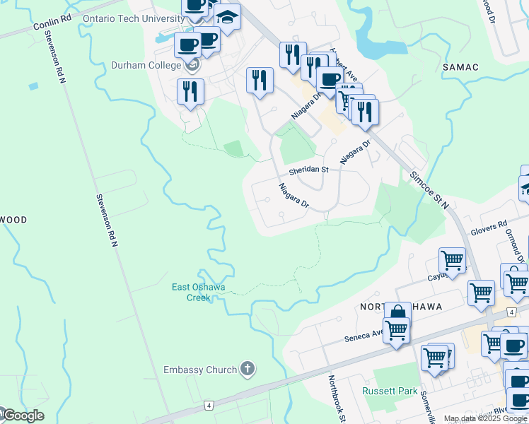 map of restaurants, bars, coffee shops, grocery stores, and more near 205 Conestoga Court in Oshawa