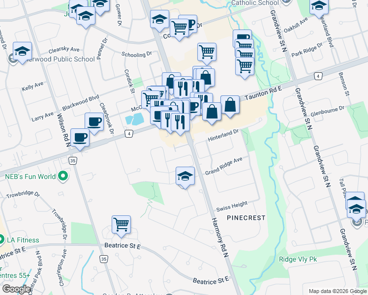 map of restaurants, bars, coffee shops, grocery stores, and more near 1280 Harmony Road North in Oshawa