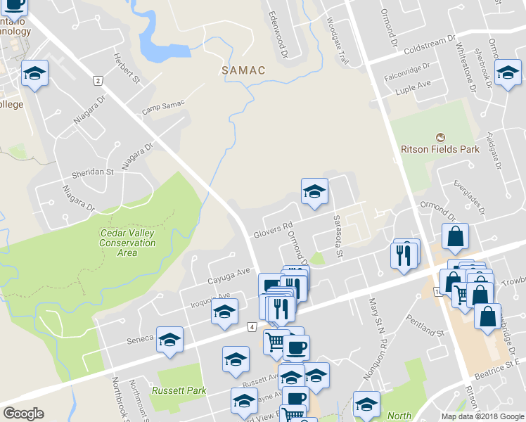 map of restaurants, bars, coffee shops, grocery stores, and more near 1540 Norwill Crescent in Oshawa