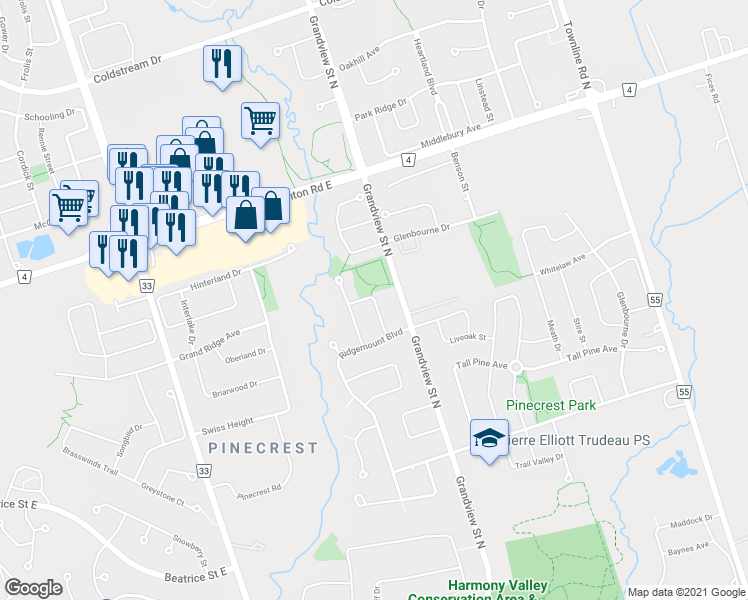 map of restaurants, bars, coffee shops, grocery stores, and more near Springbank Drive in Oshawa