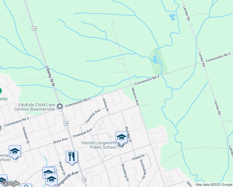 map of restaurants, bars, coffee shops, grocery stores, and more near 68 Champine Square in Bowmanville