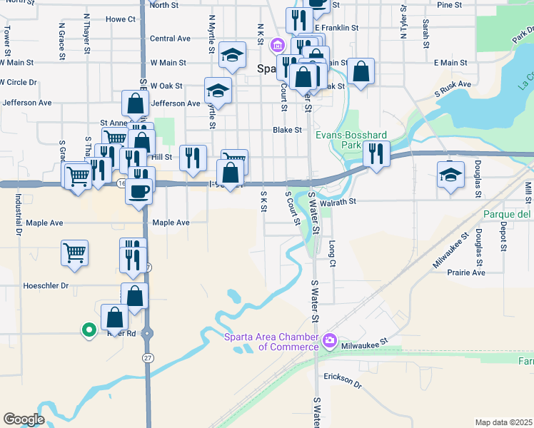 map of restaurants, bars, coffee shops, grocery stores, and more near 205 South K Street in Sparta