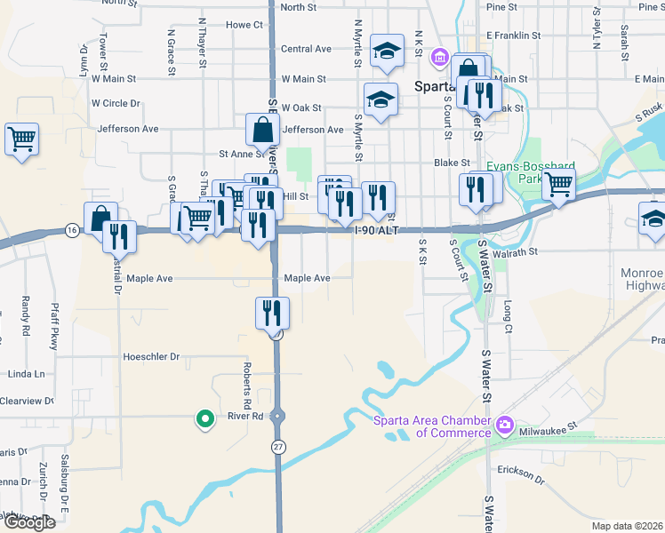 map of restaurants, bars, coffee shops, grocery stores, and more near 626 Richgruber Road in Sparta