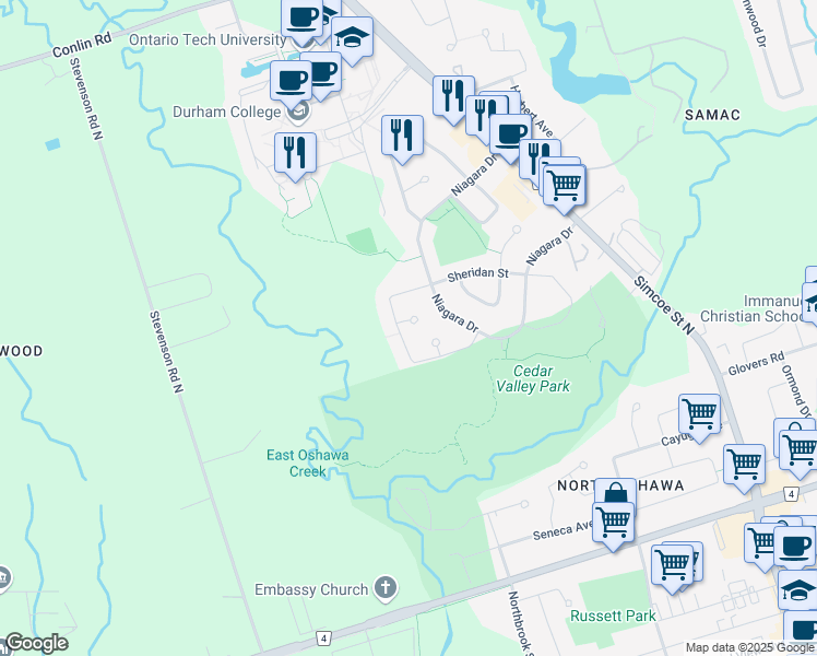 map of restaurants, bars, coffee shops, grocery stores, and more near 205 Conestoga Court in Oshawa