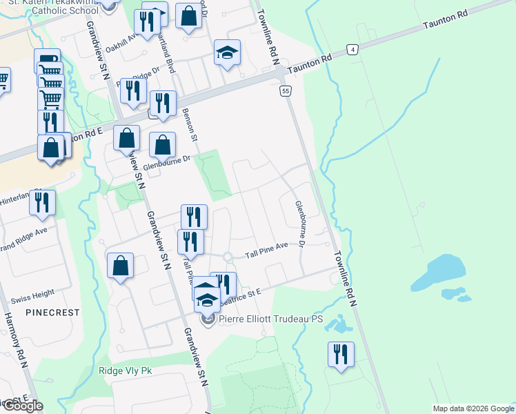 map of restaurants, bars, coffee shops, grocery stores, and more near 1188 Stire Street in Oshawa