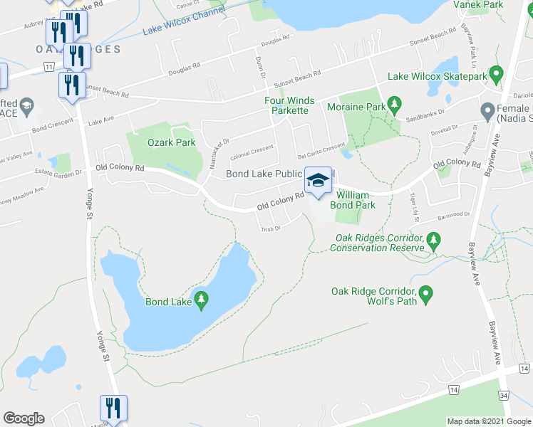 map of restaurants, bars, coffee shops, grocery stores, and more near 8 Bond Lake Park Street in Richmond Hill