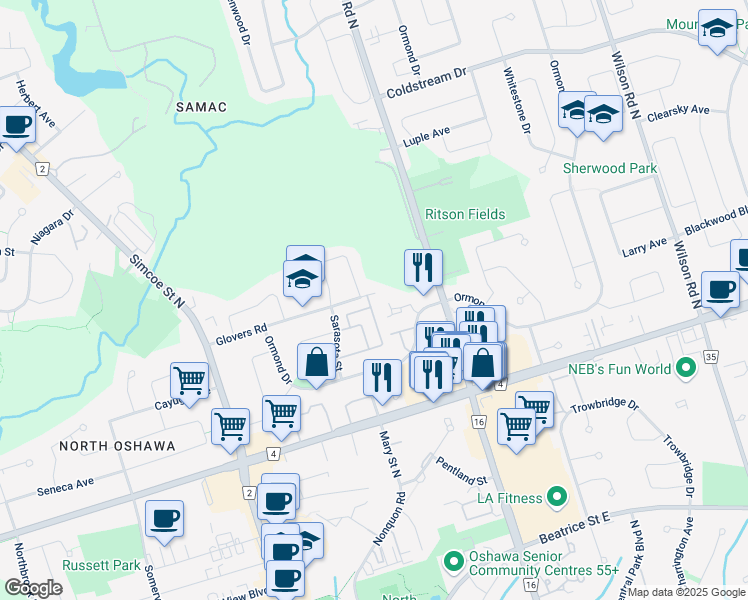 map of restaurants, bars, coffee shops, grocery stores, and more near 20 155 Glovers Road in Oshawa