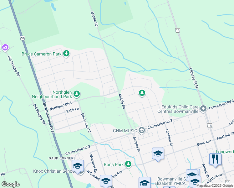 map of restaurants, bars, coffee shops, grocery stores, and more near 227 Northglen Boulevard in Bowmanville