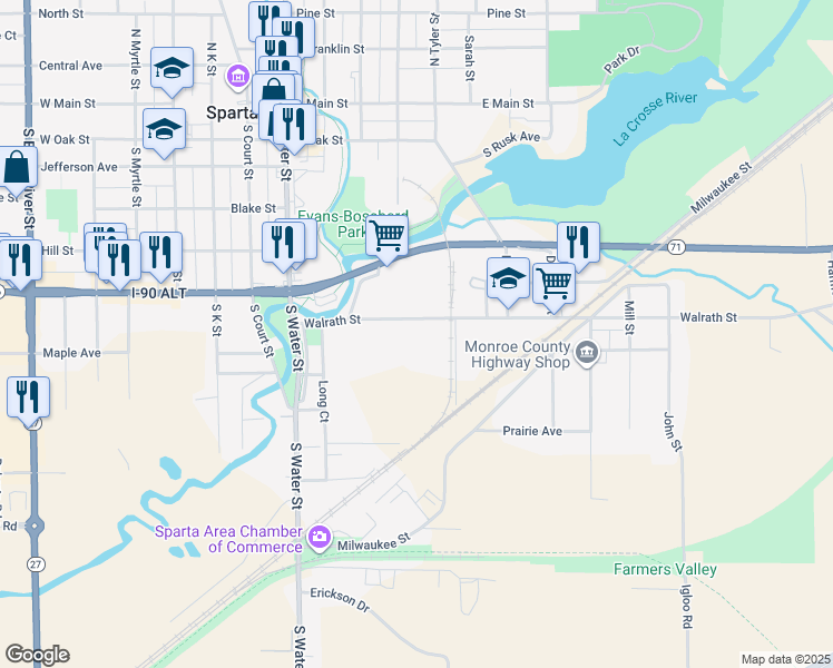 map of restaurants, bars, coffee shops, grocery stores, and more near 411 Walrath Street in Sparta