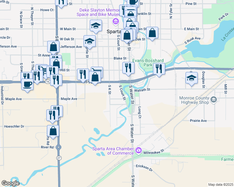 map of restaurants, bars, coffee shops, grocery stores, and more near 205 South K Street in Sparta