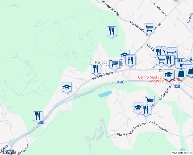 map of restaurants, bars, coffee shops, grocery stores, and more near 153 Via Lucca Camaiore Viareggio in Camaiore