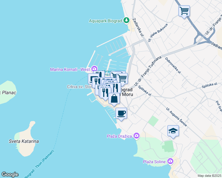 map of restaurants, bars, coffee shops, grocery stores, and more near 8 Ulica kneza Trpimira in Biograd na Moru