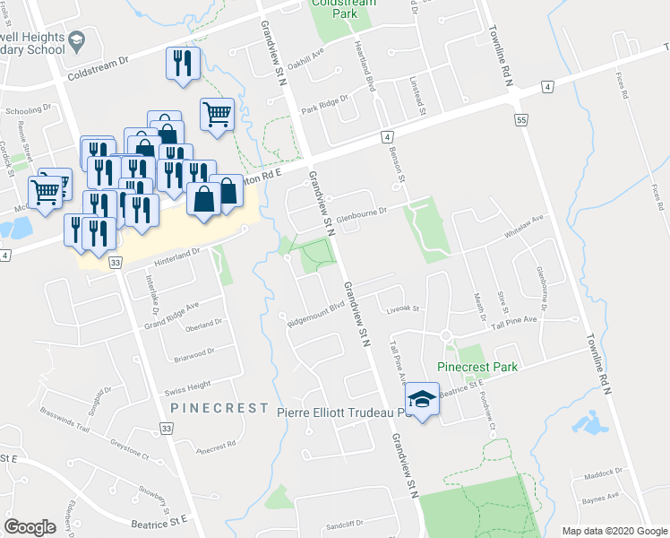 map of restaurants, bars, coffee shops, grocery stores, and more near 1274 Grandview Street North in Oshawa