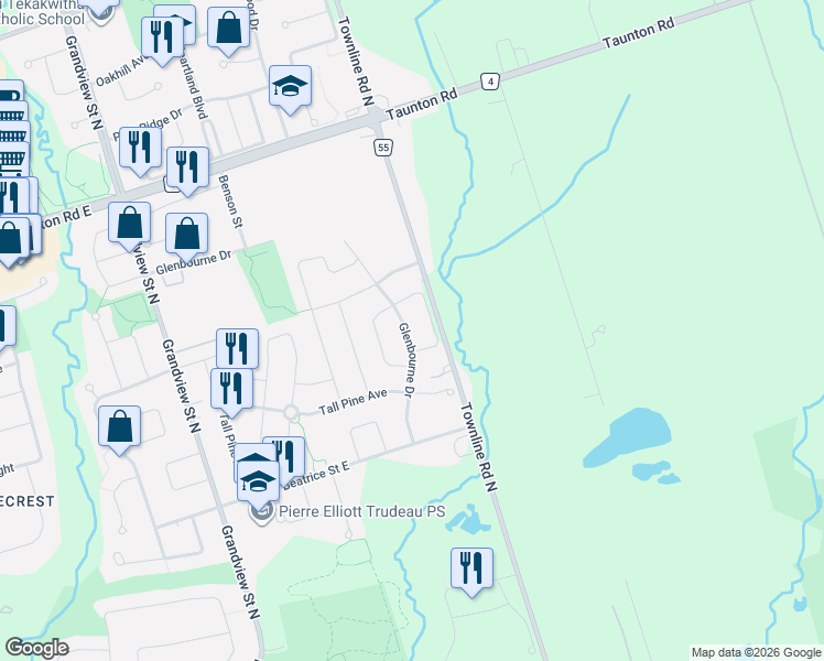 map of restaurants, bars, coffee shops, grocery stores, and more near 1523 Glenbourne Drive in Oshawa