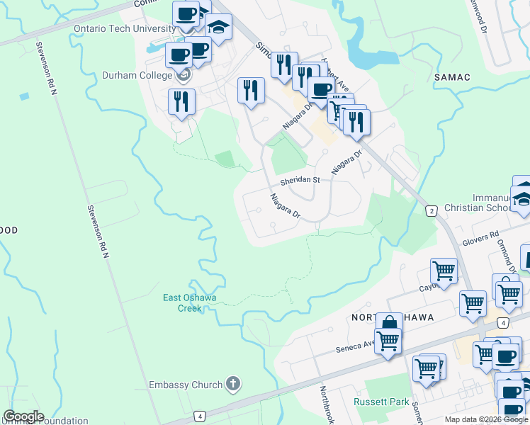 map of restaurants, bars, coffee shops, grocery stores, and more near 217 Conestoga Court in Oshawa