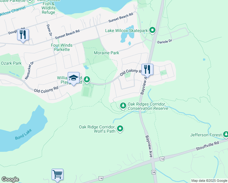 map of restaurants, bars, coffee shops, grocery stores, and more near 22 Tiger Lily Street in Richmond Hill
