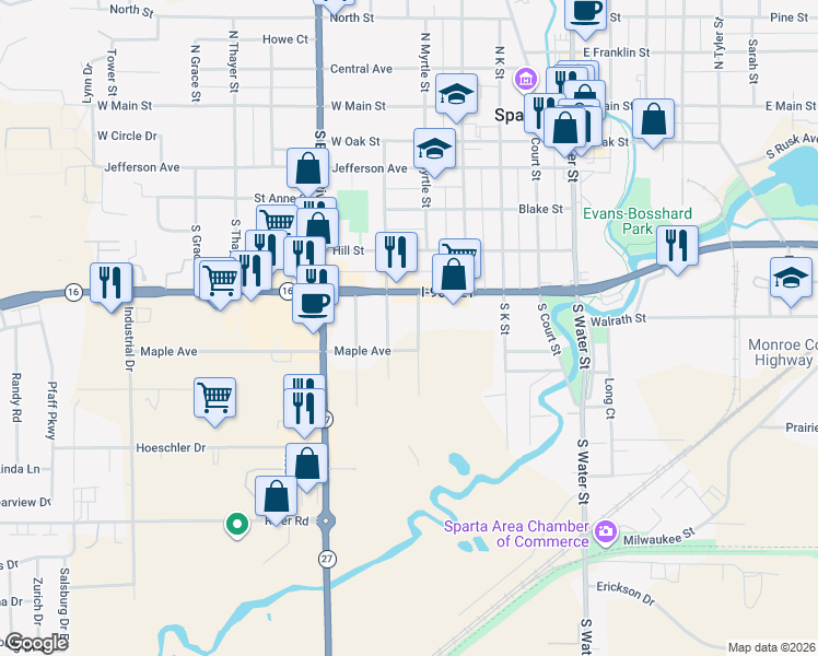 map of restaurants, bars, coffee shops, grocery stores, and more near 626 Richgruber Road in Sparta