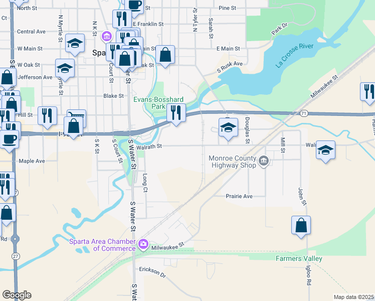 map of restaurants, bars, coffee shops, grocery stores, and more near 411 Walrath Street in Sparta