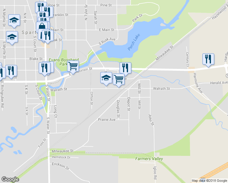 map of restaurants, bars, coffee shops, grocery stores, and more near 617 Walrath St in Sparta