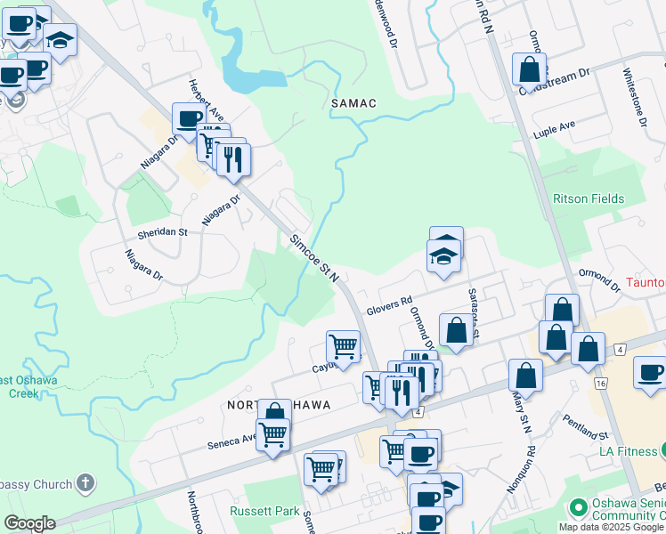 map of restaurants, bars, coffee shops, grocery stores, and more near 1561 Durham Regional Road 2 in Oshawa