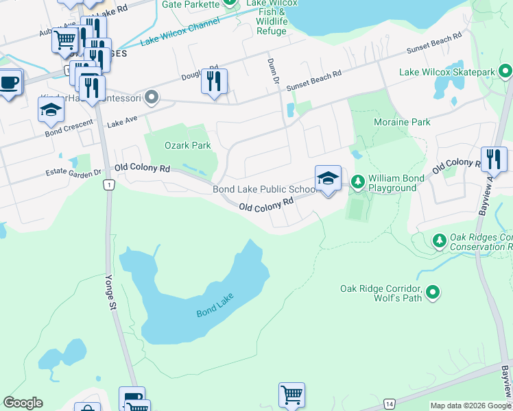 map of restaurants, bars, coffee shops, grocery stores, and more near 160 Old Colony Road in Richmond Hill