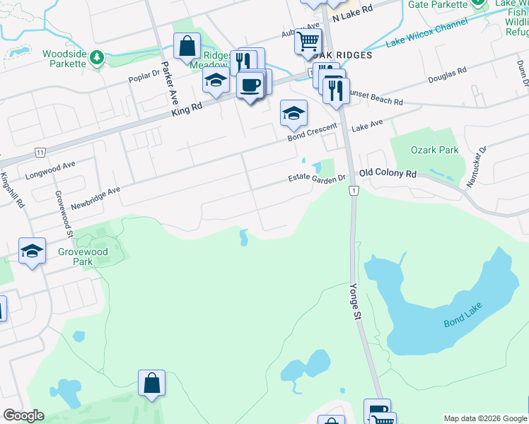 map of restaurants, bars, coffee shops, grocery stores, and more near 63 Snowy Meadow Avenue in Richmond Hill