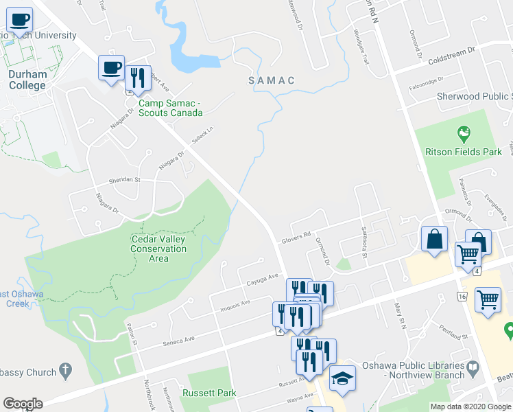 map of restaurants, bars, coffee shops, grocery stores, and more near 1561 Simcoe Street North in Oshawa