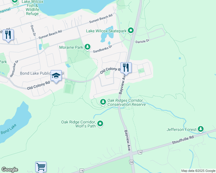 map of restaurants, bars, coffee shops, grocery stores, and more near 59 Wheelwright Drive in Richmond Hill