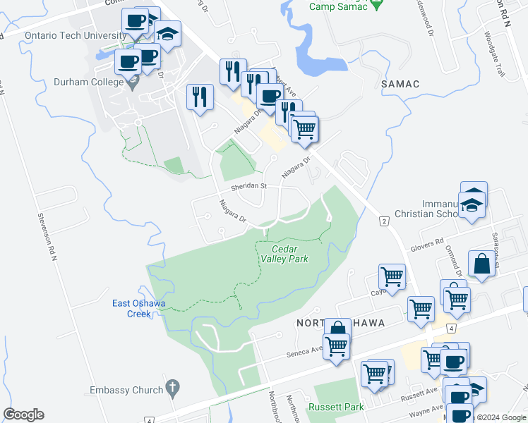 map of restaurants, bars, coffee shops, grocery stores, and more near 1693 Erindale Crescent in Oshawa