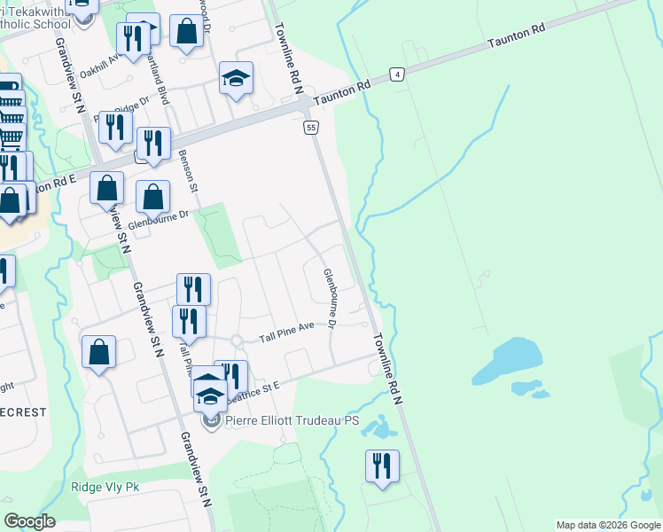 map of restaurants, bars, coffee shops, grocery stores, and more near 1511 Glenbourne Drive in Oshawa