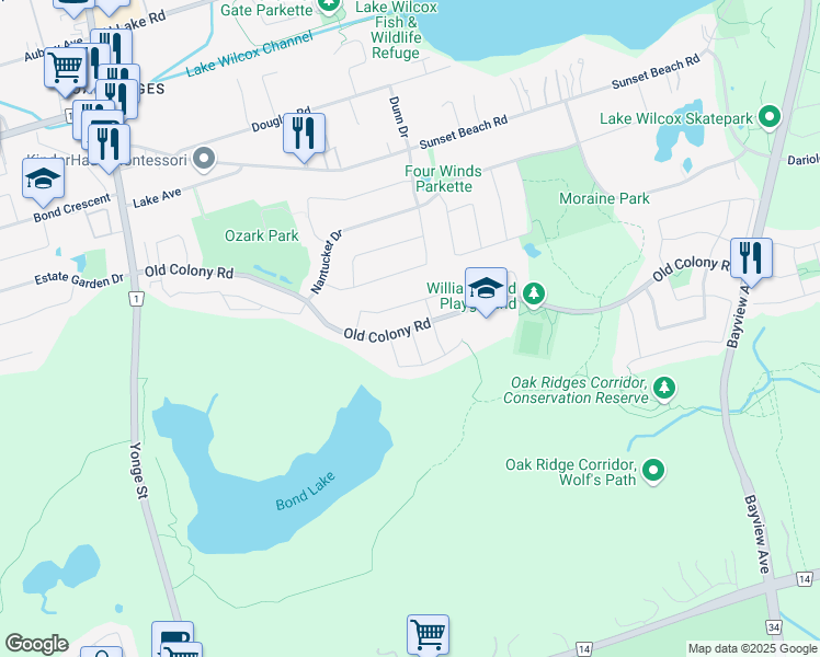 map of restaurants, bars, coffee shops, grocery stores, and more near Bond Lake Park Street in Richmond Hill