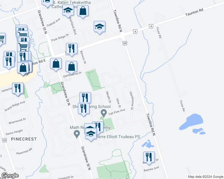 map of restaurants, bars, coffee shops, grocery stores, and more near 1208 Stire Street in Oshawa