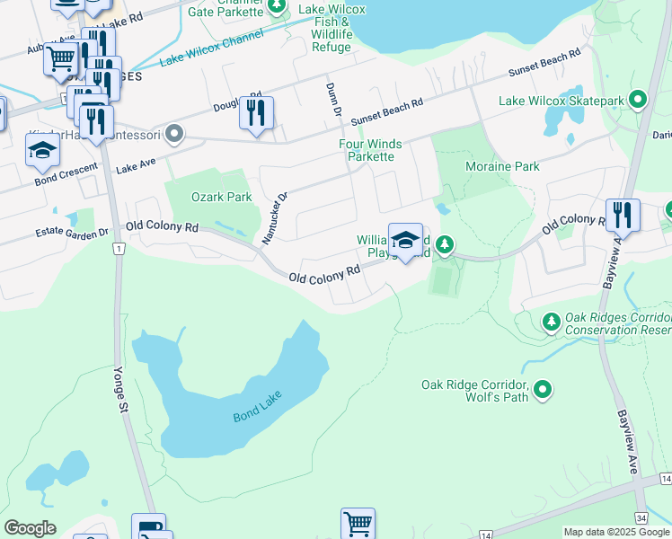 map of restaurants, bars, coffee shops, grocery stores, and more near 180 Old Colony Road in Richmond Hill