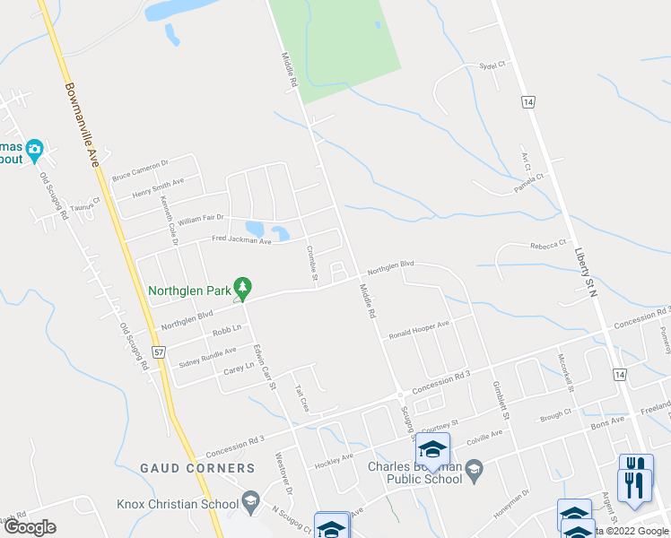 map of restaurants, bars, coffee shops, grocery stores, and more near 1 Loana Lane in Bowmanville