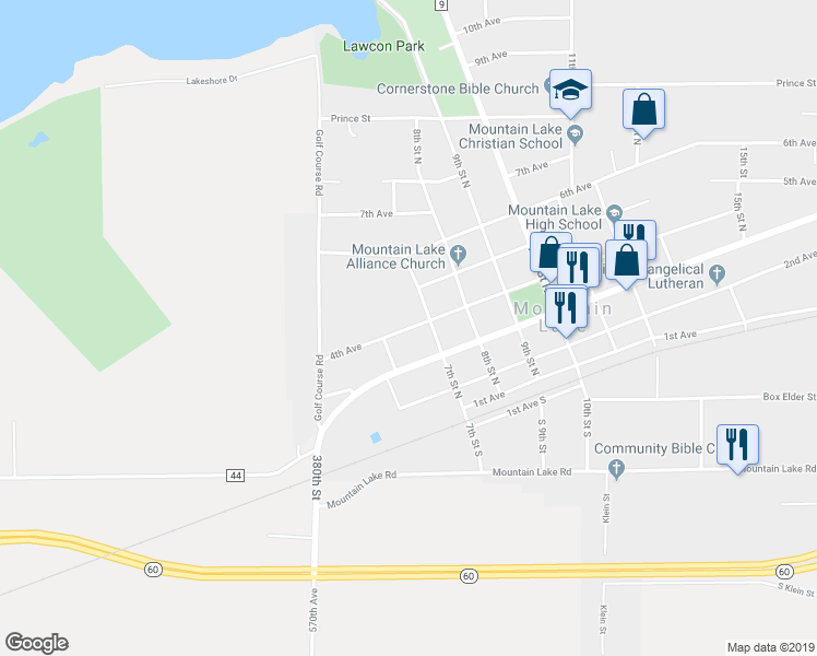 map of restaurants, bars, coffee shops, grocery stores, and more near 655 4th Avenue in Mountain Lake