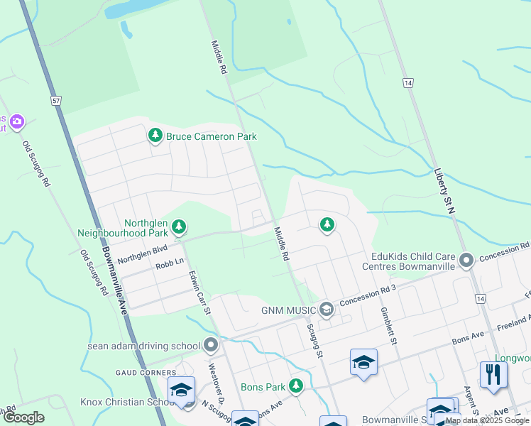 map of restaurants, bars, coffee shops, grocery stores, and more near 227 Northglen Boulevard in Bowmanville