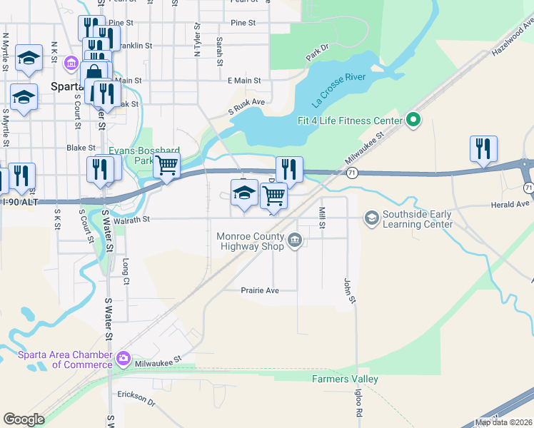 map of restaurants, bars, coffee shops, grocery stores, and more near 617 Walrath Street in Sparta