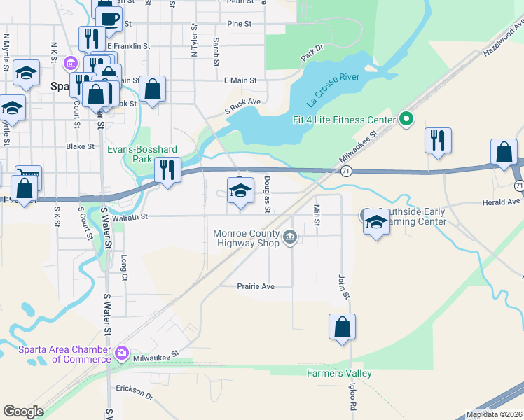 map of restaurants, bars, coffee shops, grocery stores, and more near 617 Walrath Street in Sparta