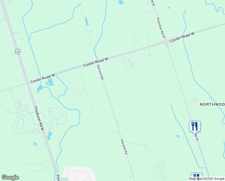map of restaurants, bars, coffee shops, grocery stores, and more near 4725 Garrard Road in Whitby