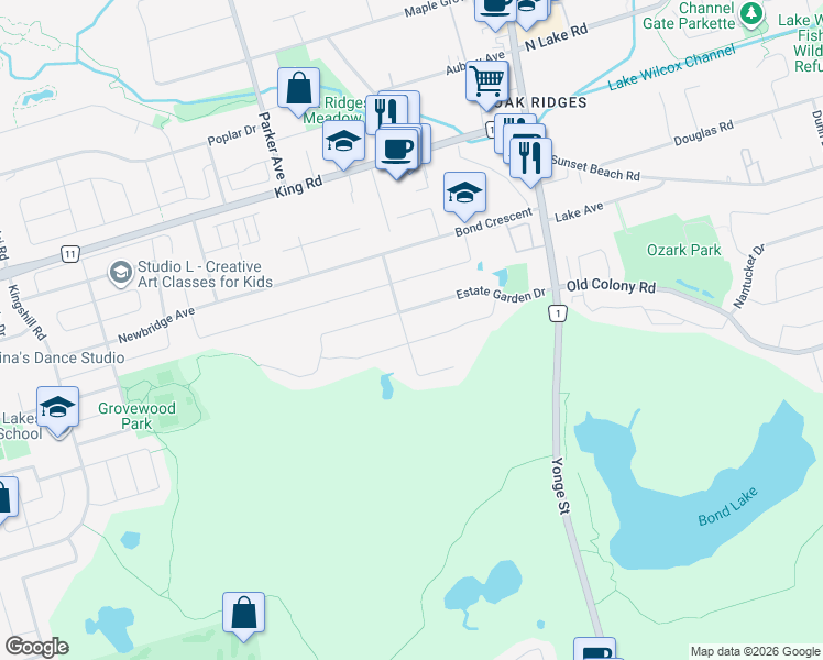 map of restaurants, bars, coffee shops, grocery stores, and more near 105 Littleside Street in Richmond Hill