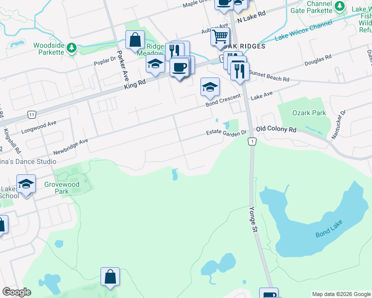 map of restaurants, bars, coffee shops, grocery stores, and more near 105 Littleside Street in Richmond Hill
