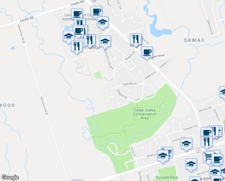 map of restaurants, bars, coffee shops, grocery stores, and more near 195 Ryerson Crescent in Oshawa