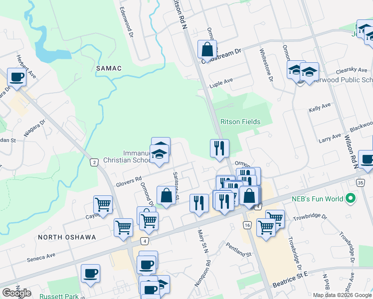 map of restaurants, bars, coffee shops, grocery stores, and more near 1636 Sarasota Crescent in Oshawa