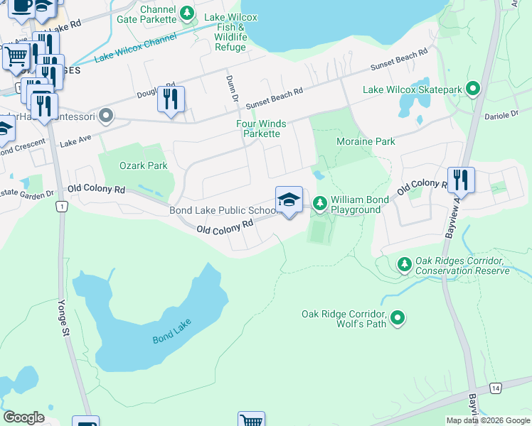 map of restaurants, bars, coffee shops, grocery stores, and more near 210 Old Colony Road in Richmond Hill