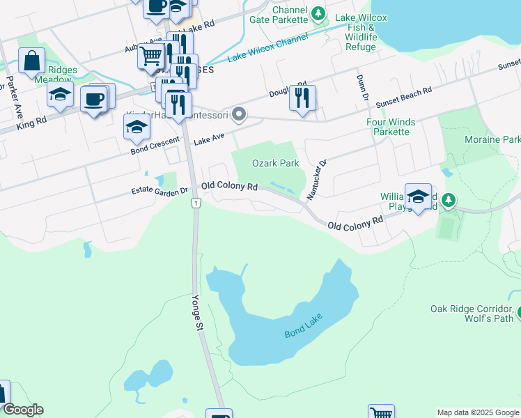 map of restaurants, bars, coffee shops, grocery stores, and more near in Richmond Hill