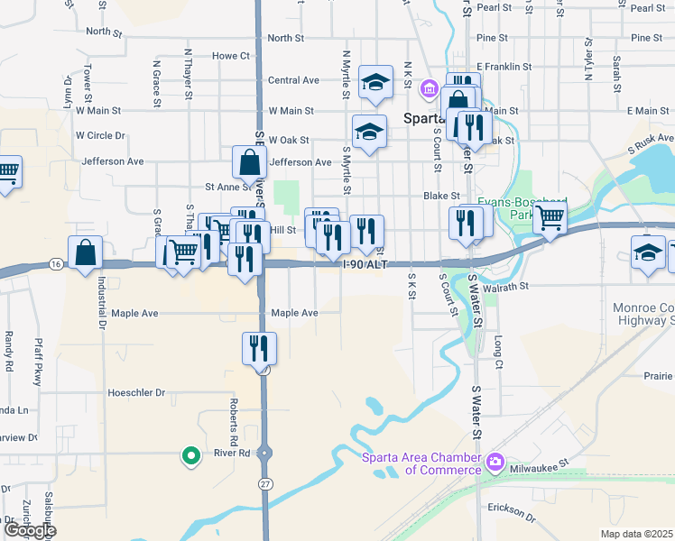map of restaurants, bars, coffee shops, grocery stores, and more near 516 West Wisconsin Street in Sparta