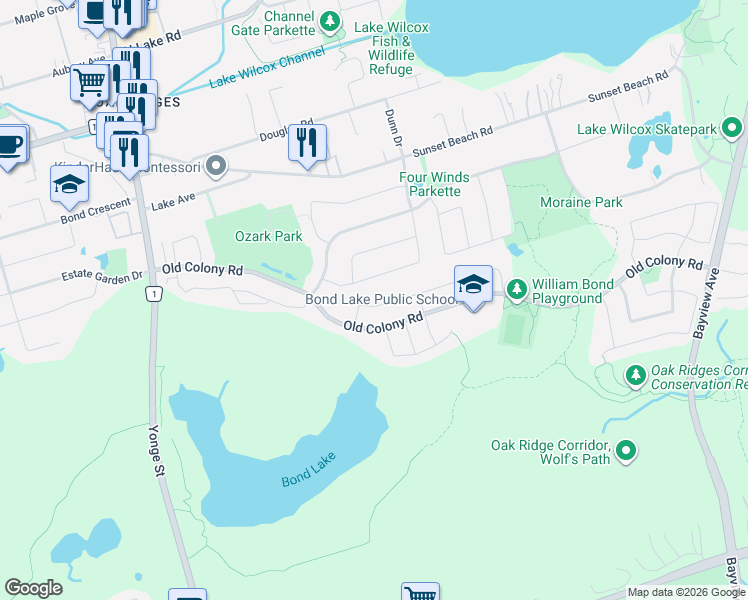 map of restaurants, bars, coffee shops, grocery stores, and more near 36 Lebovic Drive in Richmond Hill
