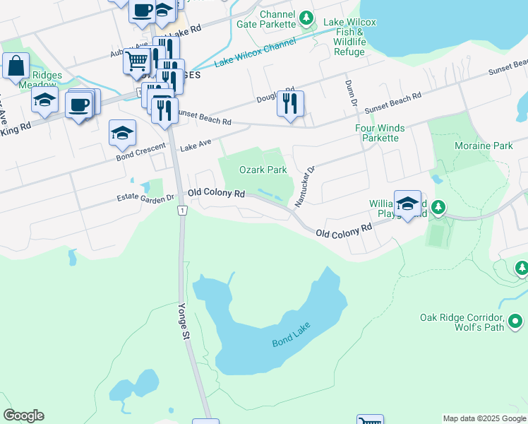 map of restaurants, bars, coffee shops, grocery stores, and more near 15 Old Colony Road in Richmond Hill